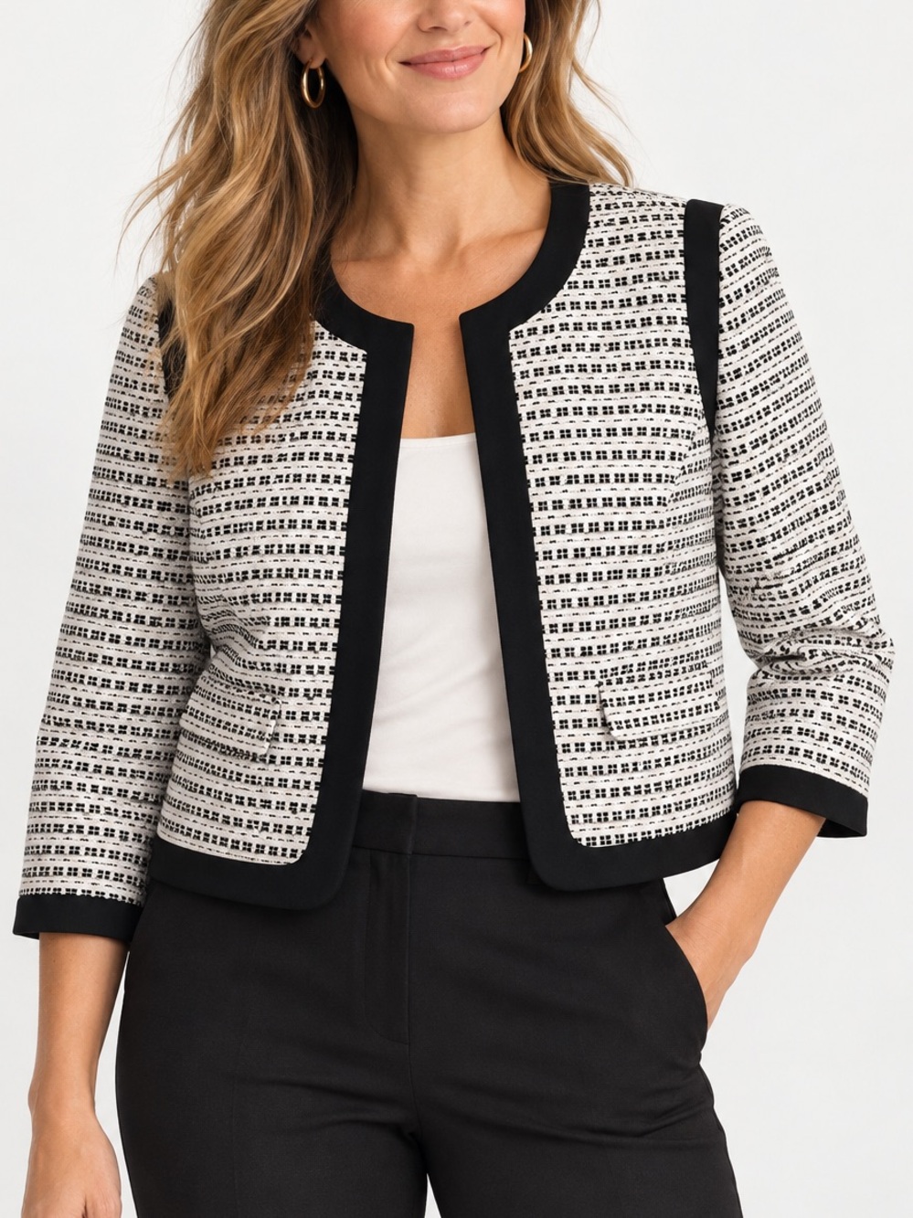 LOFT Black White Tweed 3/4 Sleeve Open Front Jacket Blazer Size 14